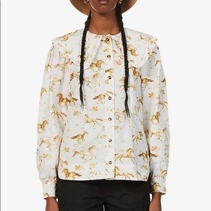 NWOT Ganni organic cotton poplin ruffle collar horse print blouse